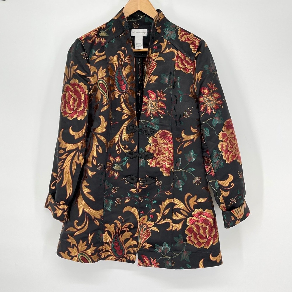 Soft Surroundings Floral Print Jacket Mandarin Collar Black Red Gold Size S Boho
